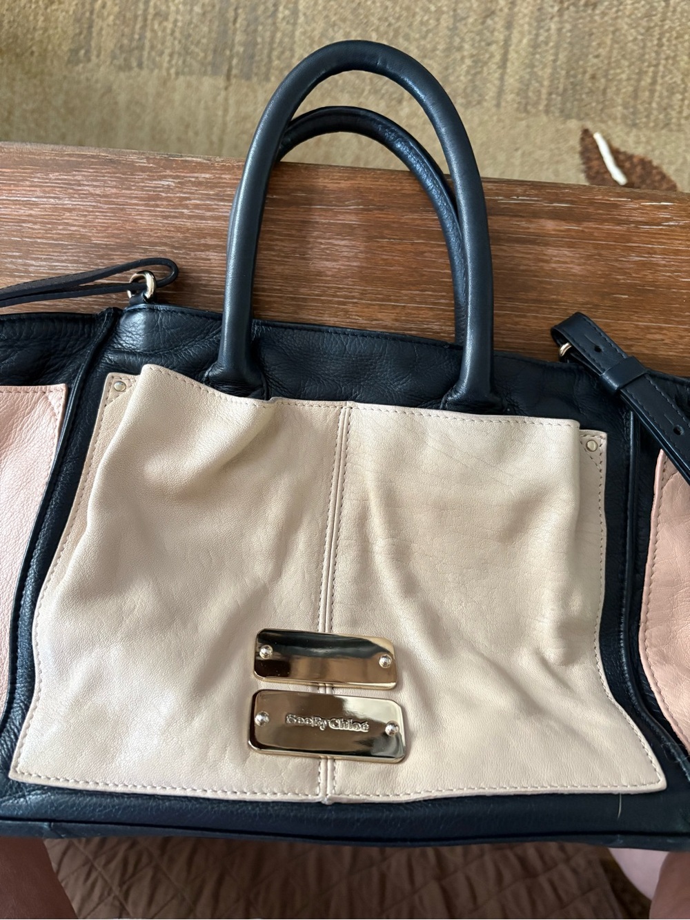 See By Chloé Black and Cream Panel Satchel with Gold Hardware